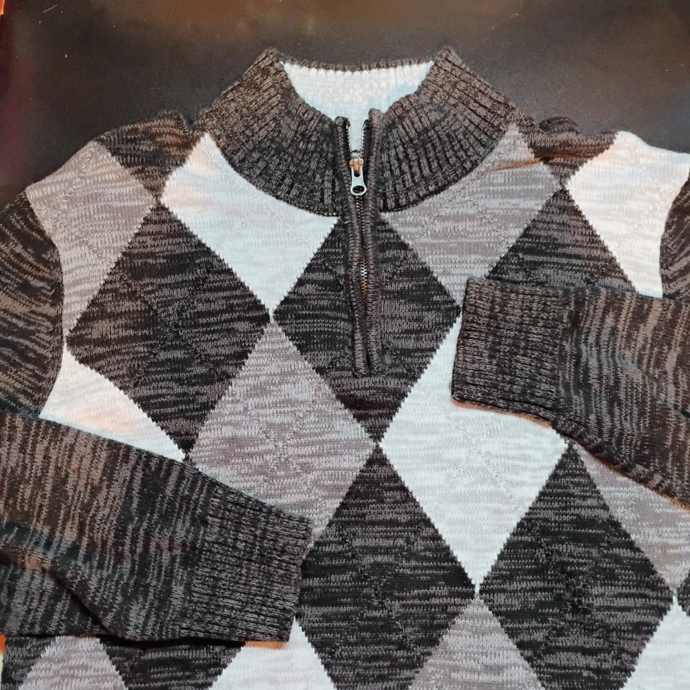 Carbon Mens Large Argyle Quarter Zip Sweater‎ Grey Charcoal White Cotton Knit A